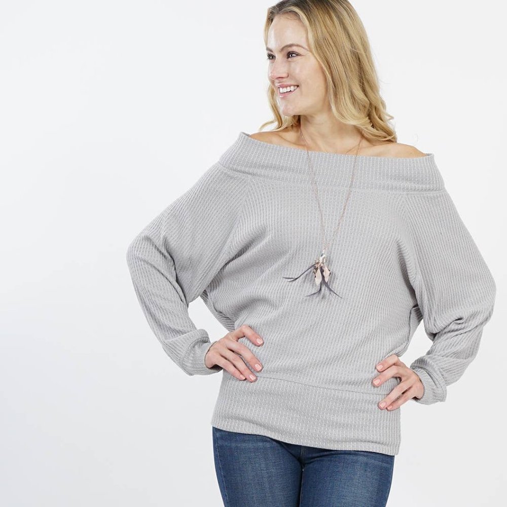 42 POPS Waffle Knit Off-Shoulder Dolman Tunic--Grey